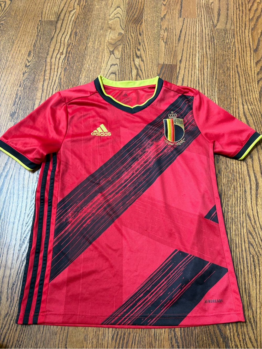 adidas Red and Black Belgium Kids Soccer Jersey with Yellow Trim